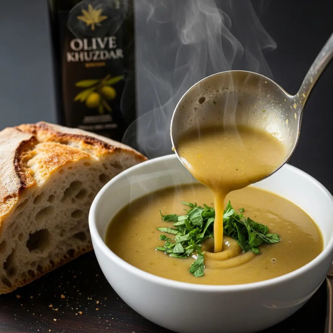 Stirring the soup and adding a drizzle of Olive Khuzdar oil.