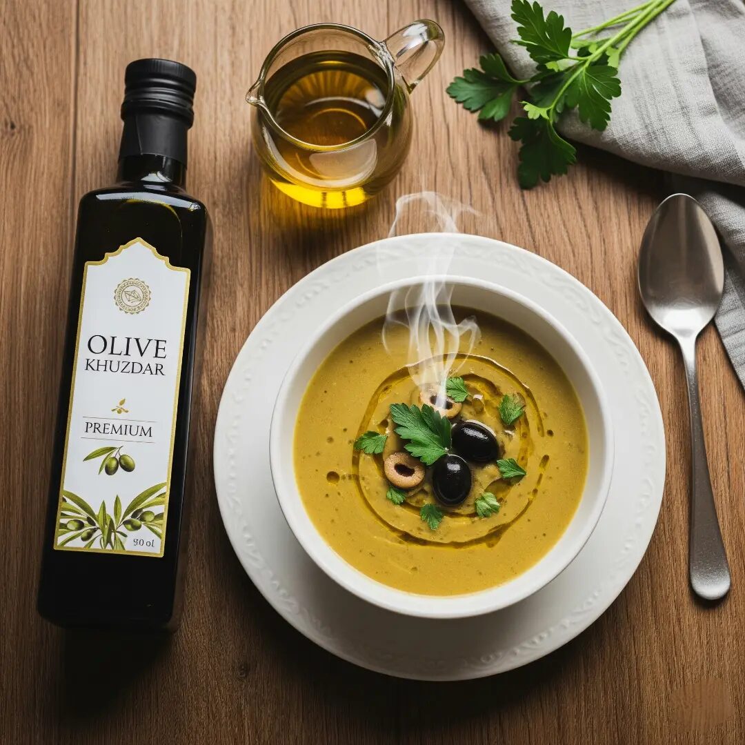 Fresh green olives, garlic, onions, and Olive Khuzdar bottle.