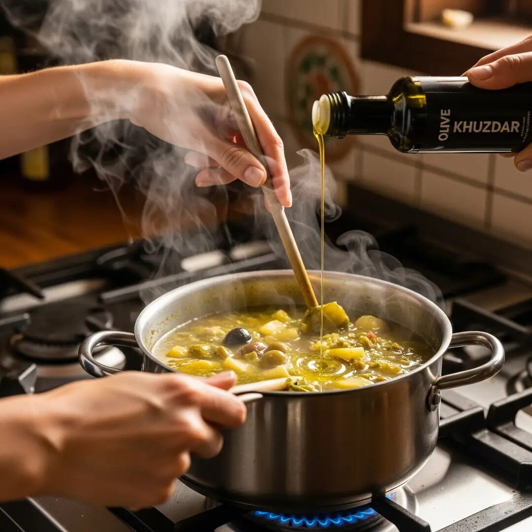 A steaming bowl of olive soup with Olive Khuzdar oil being drizzled.