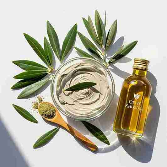 Olive Khuzdar oil bottle with olive leaf powder and fresh leaves – natural olive leaf face mask preparation for glowing skin